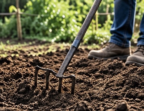 Lavorazione del terreno dell'orto con un forcone da giardino