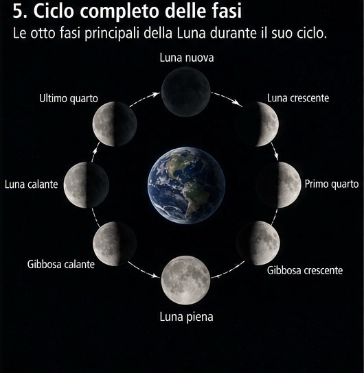 Le otto fasi lunari, dalla Luna nuova alla Luna calante.