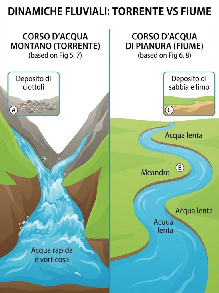 Torrente di montagna e fiume in pianura con diversi tipi di corso d’acqua